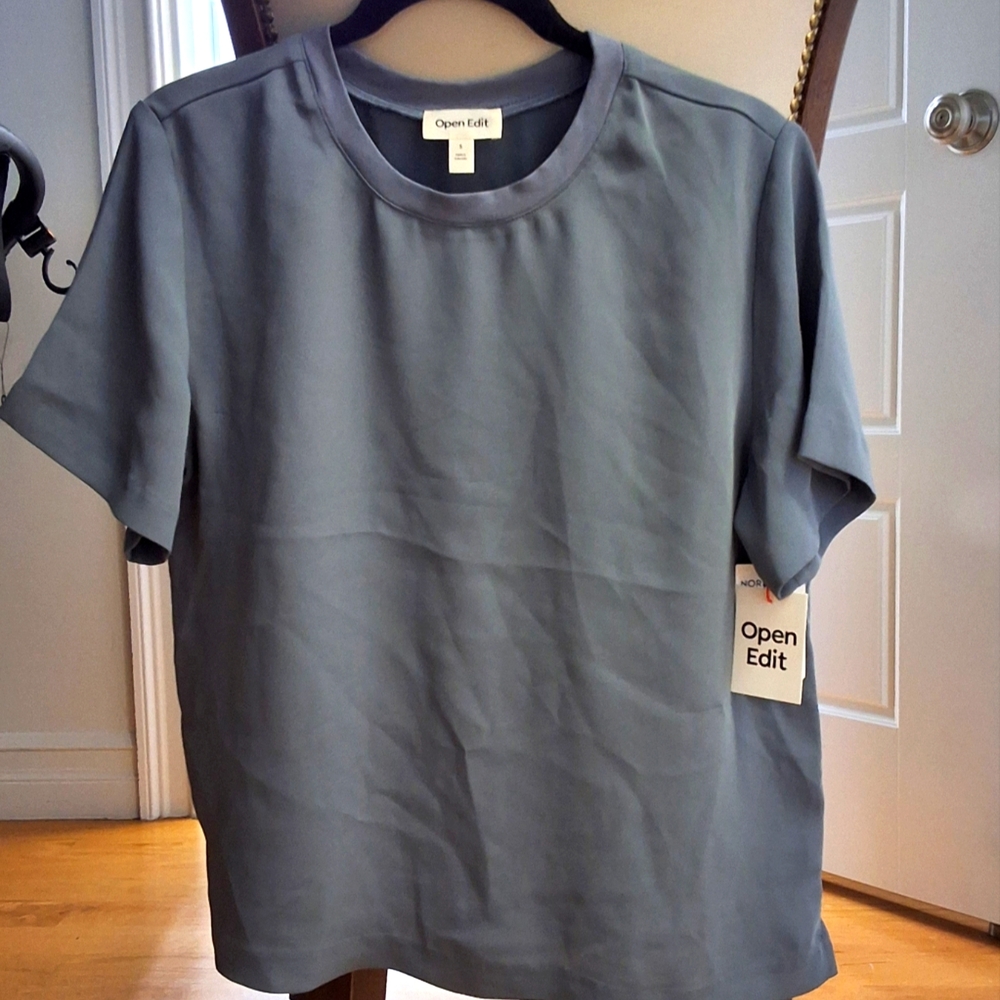 NWT Open Edit Grey-Blue Matte Satin, Short Sleeve T-shirt , Size Small